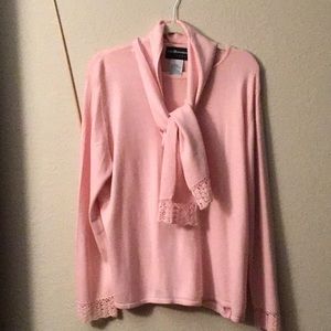 PINK KNIT TOP w/attached scarf & crochet lace details, Womens XL great condition